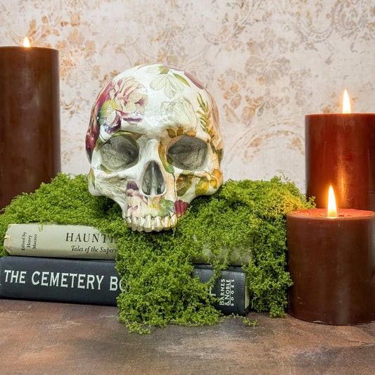 Aged Pearl Floral Resin Skull - Gather Your Bones