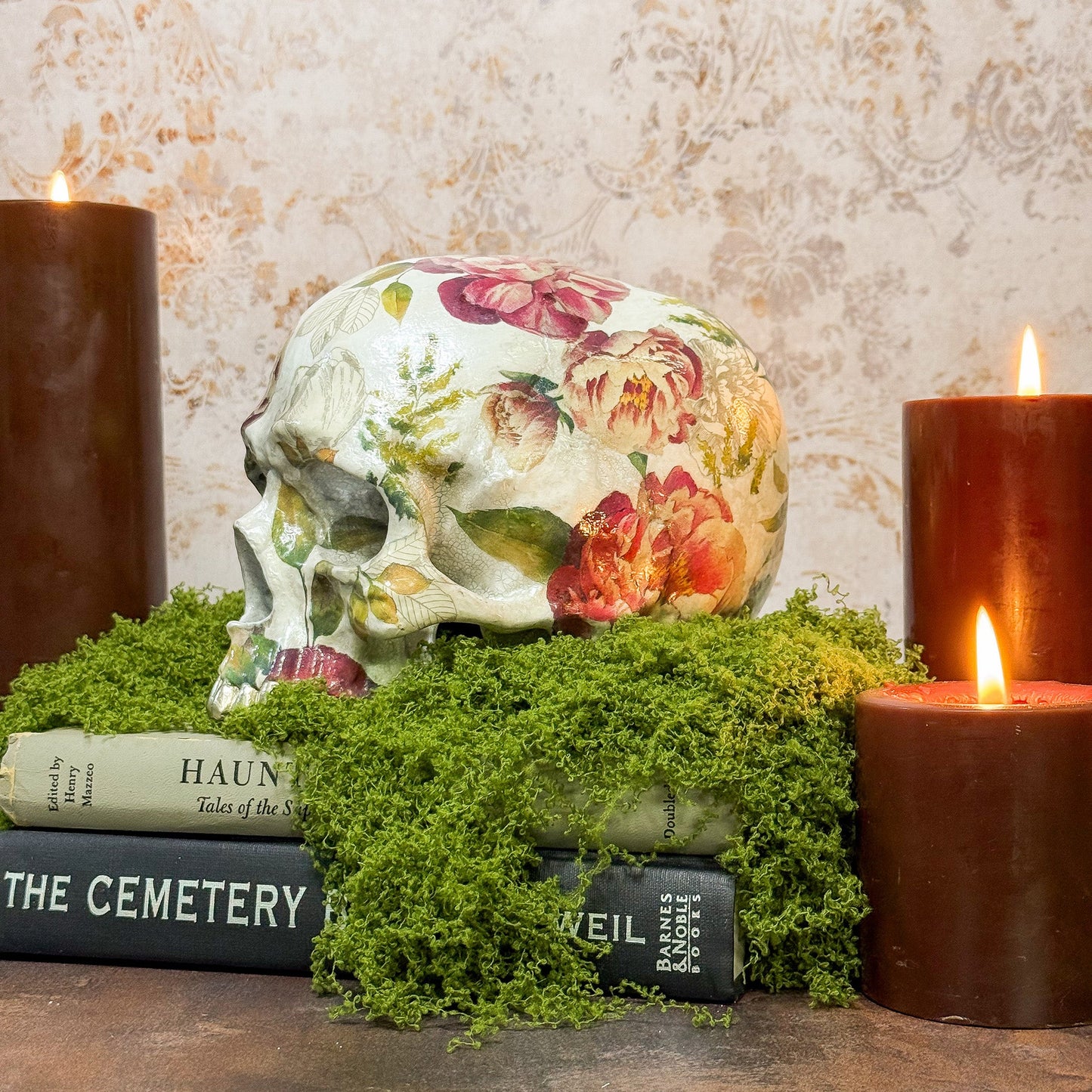 Aged Pearl Floral Resin Skull - Gather Your Bones