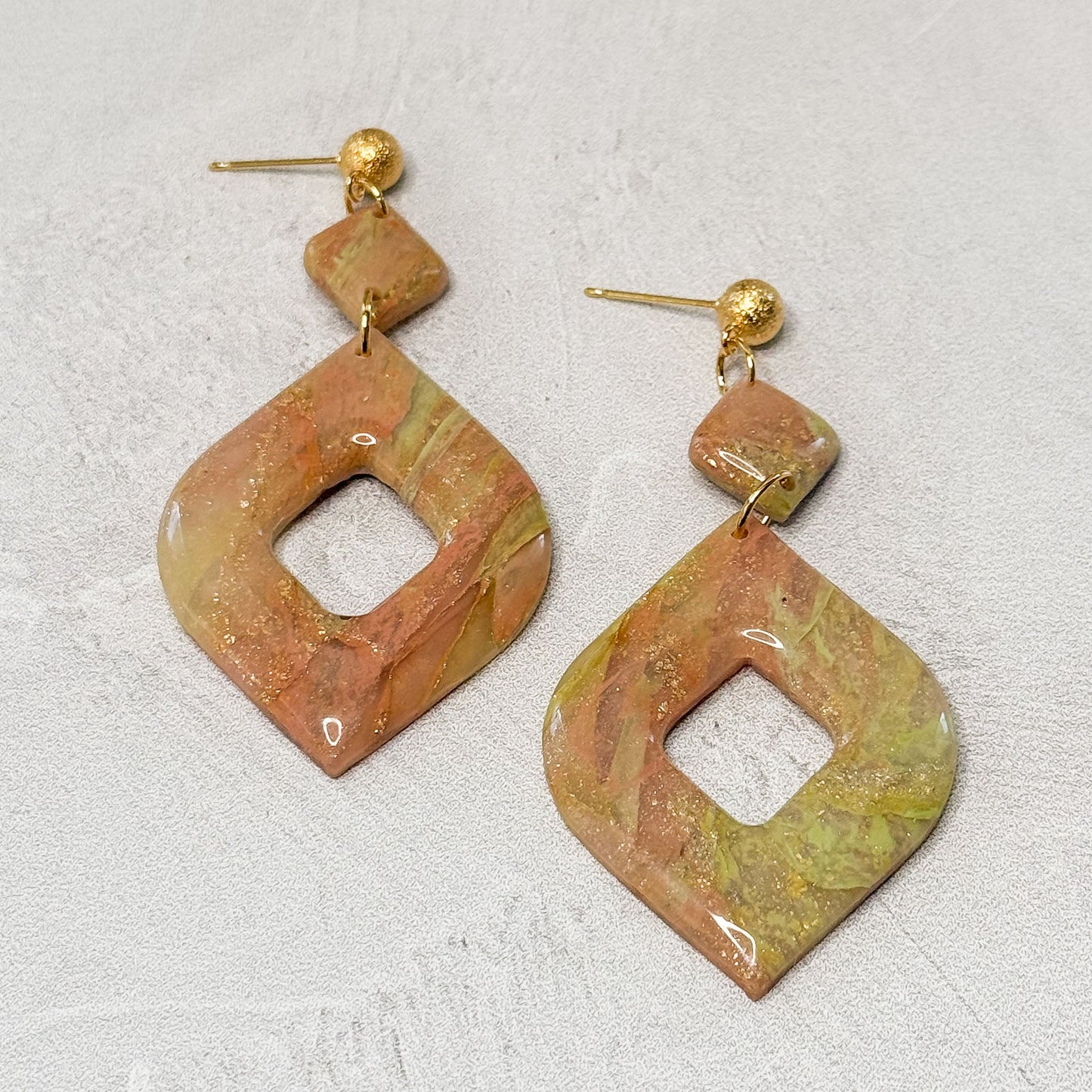 Handmade Peach, Gold and Green Diamond Stud Polymer Clay Earrings - Gather Your Bones
