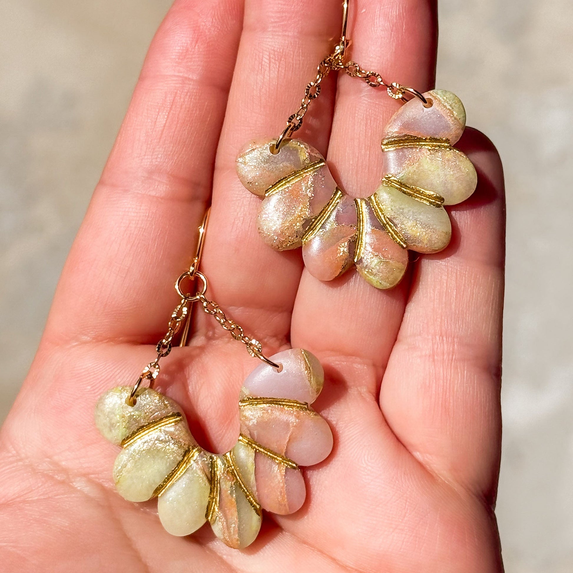 Handmade Peach, Gold and Green Floral Polymer Clay Earrings - Gather Your Bones