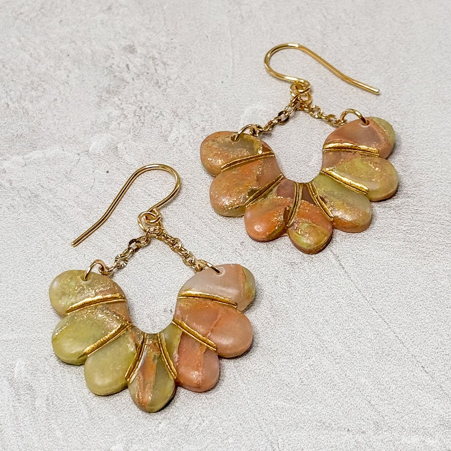 Handmade Peach, Gold and Green Floral Polymer Clay Earrings - Gather Your Bones