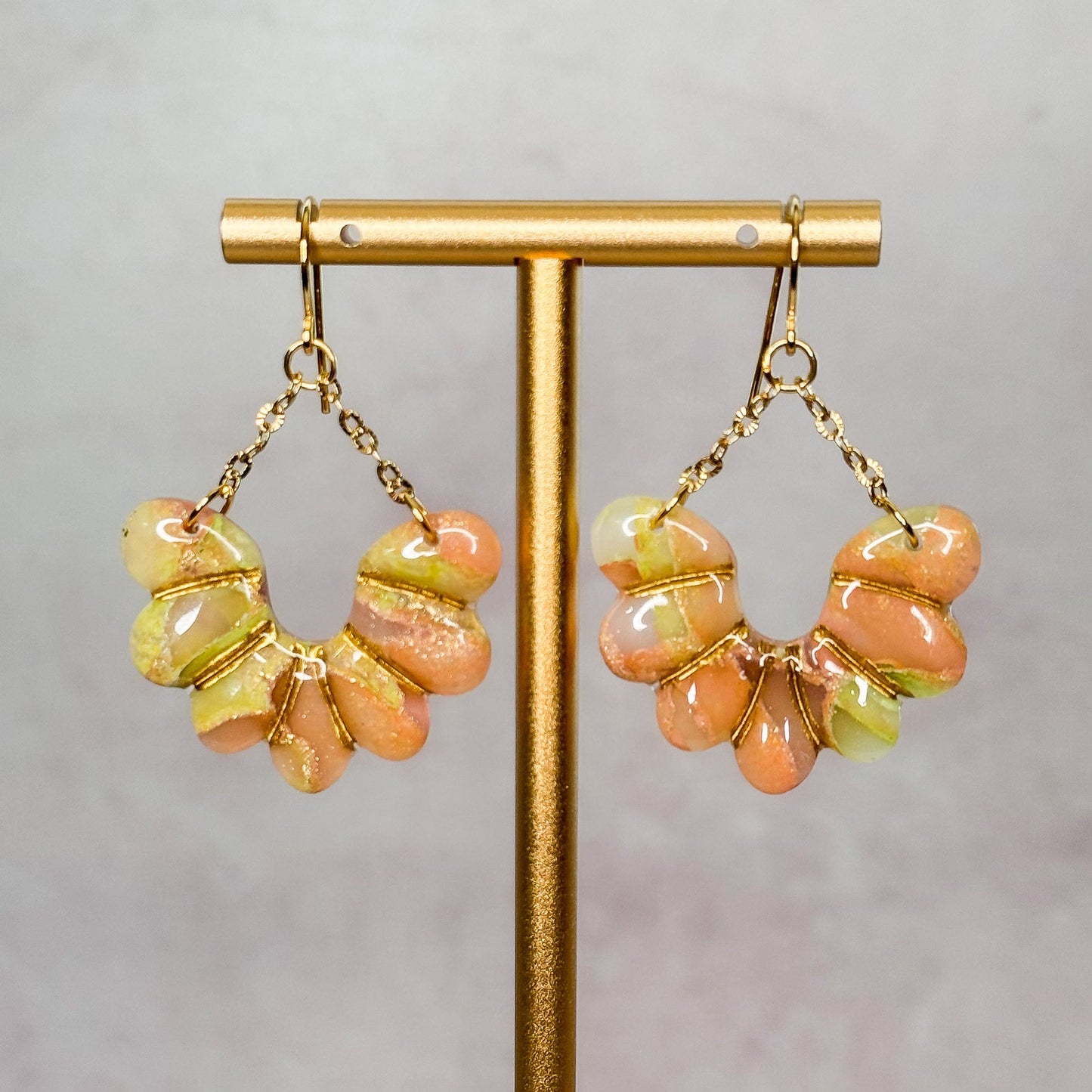 Handmade Peach, Gold and Green Flower Dangle Clay Earrings - Gather Your Bones