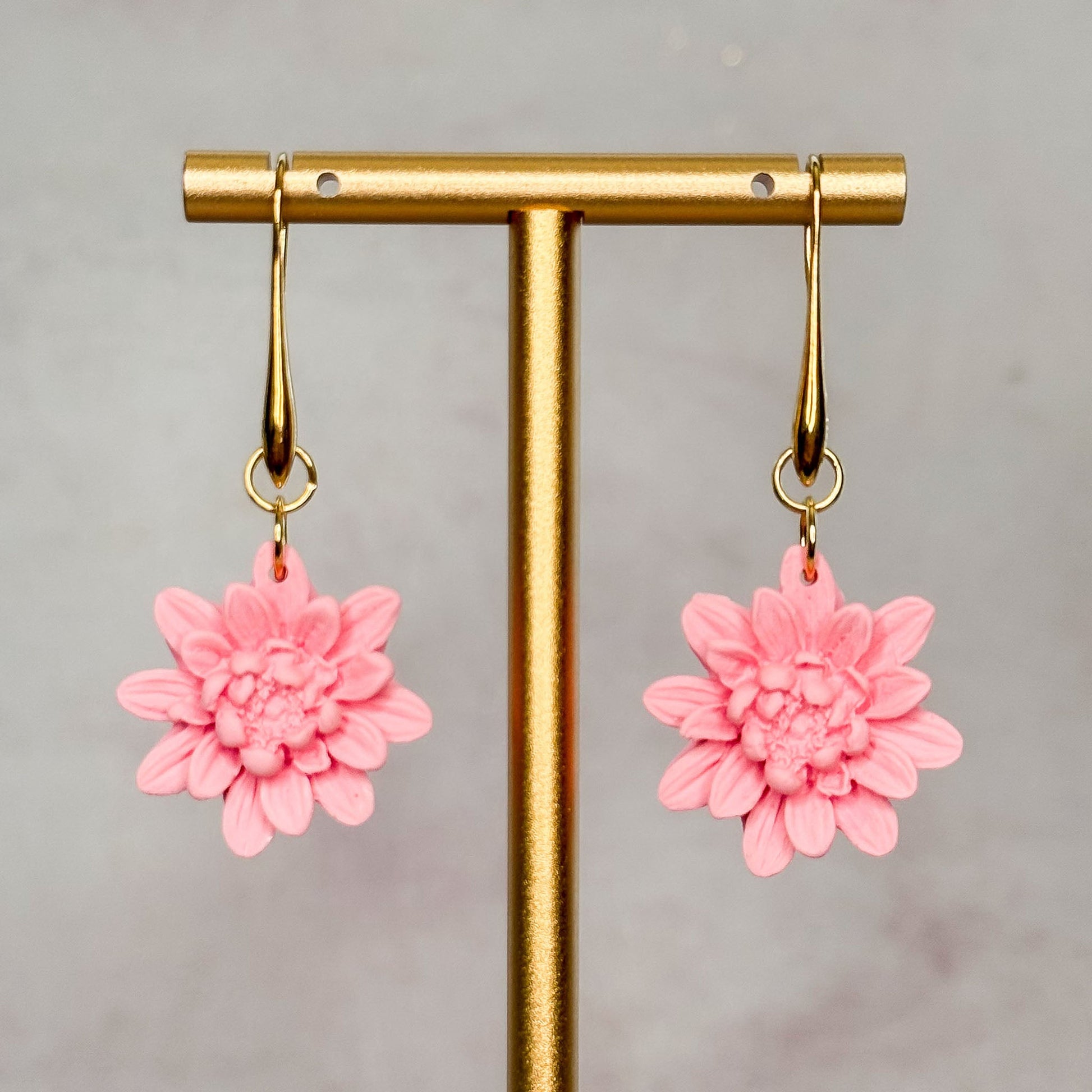 Handmade Pink 3D Flower Dangle Clay Earrings - Gather Your Bones