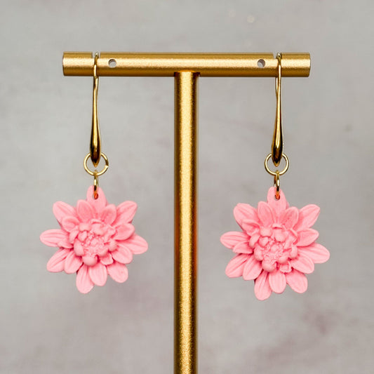 Handmade Pink 3D Flower Dangle Clay Earrings - Gather Your Bones