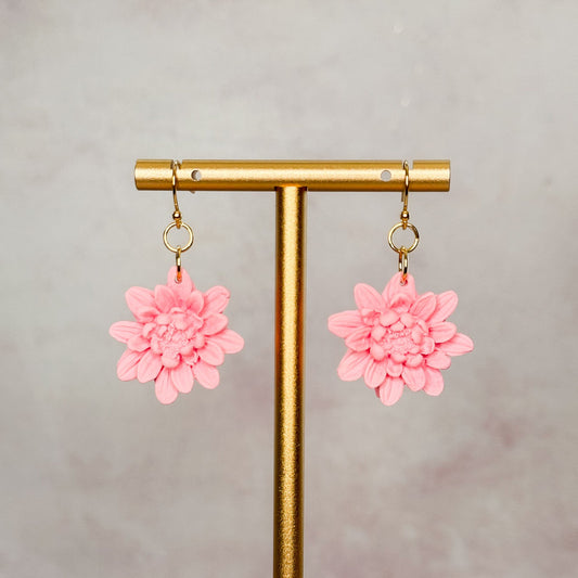 Handmade Pink 3D Flower Dangle Clay Earrings - Gather Your Bones