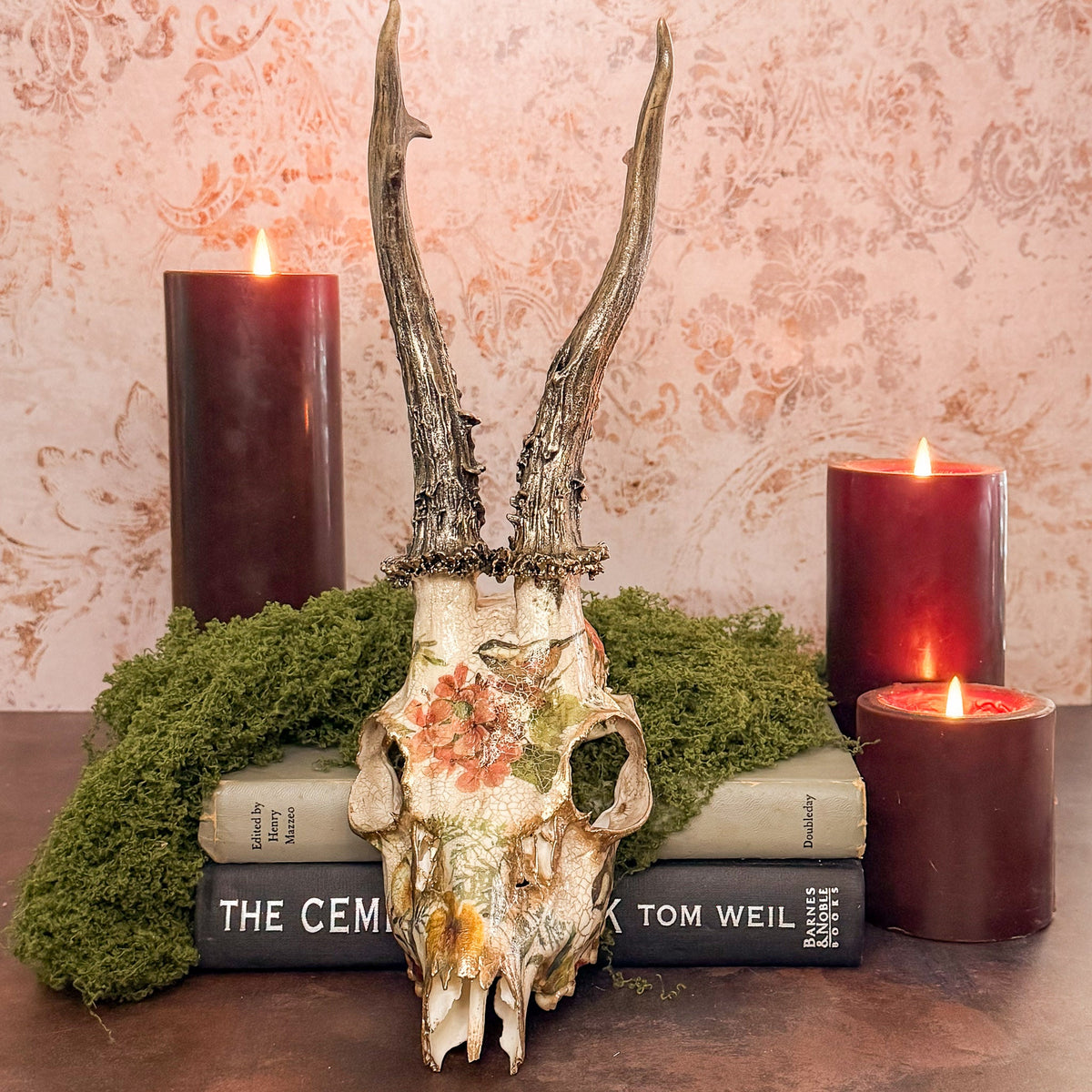 Vintage Floral & Birds Porcelain Style Roe Deer Skull- Wall Hanger Included - Gather Your Bones