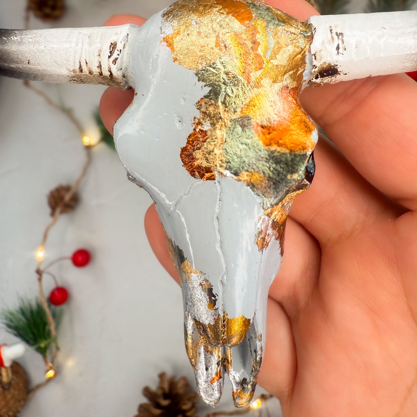 Longhorn Skull Ornament - Creamy Blue Guilded