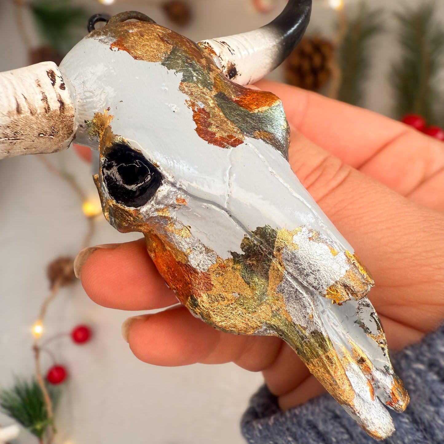 Longhorn Skull Ornament - Creamy Blue Guilded