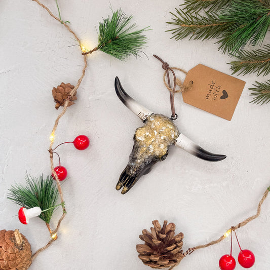 Longhorn Skull Ornament - Black & Gold Shimmer