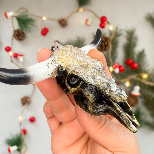 Longhorn Skull Ornament - Black & Gold Shimmer