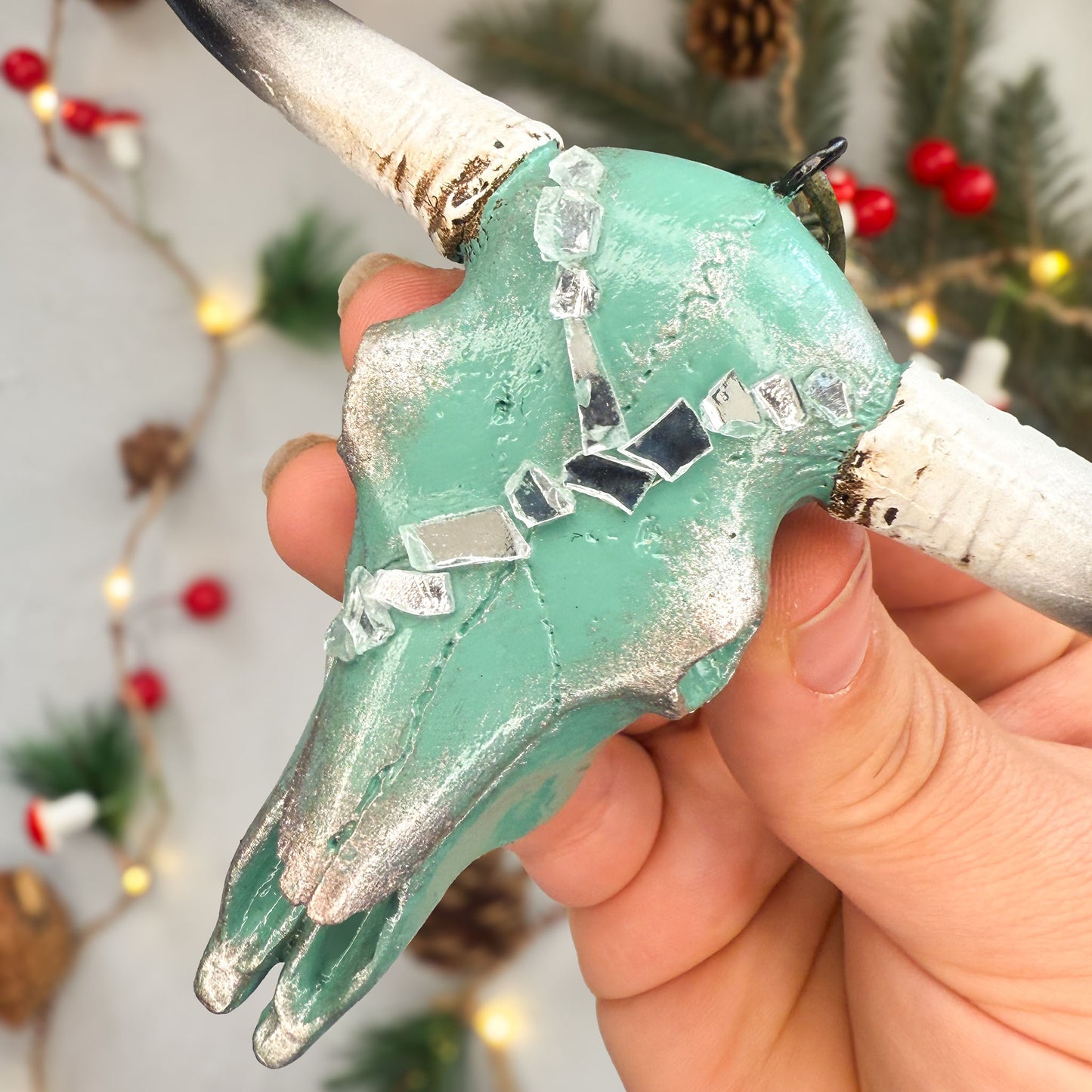 Longhorn Skull Ornament - Turquoise & Mirror