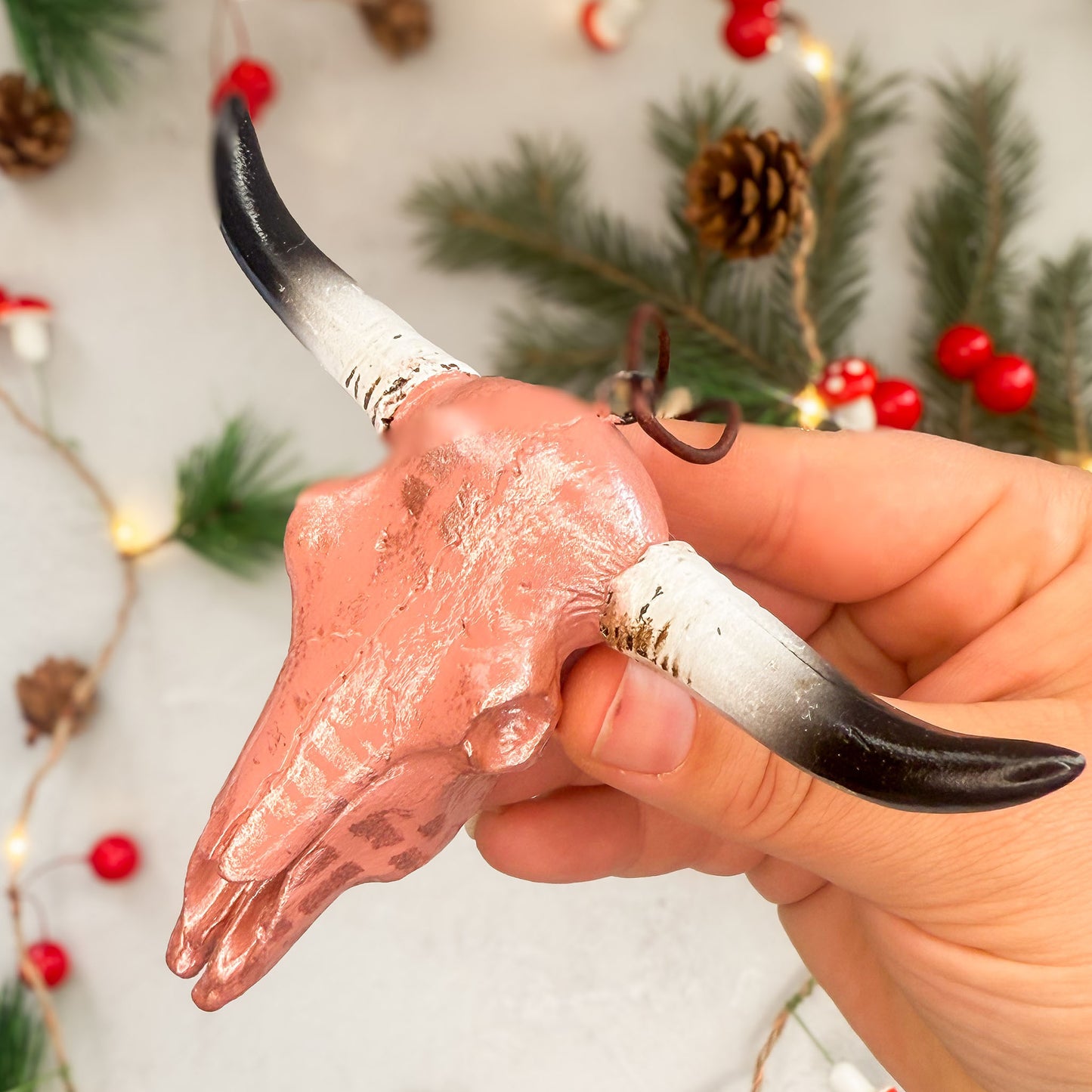 Longhorn Skull Ornament - Pearly Rose