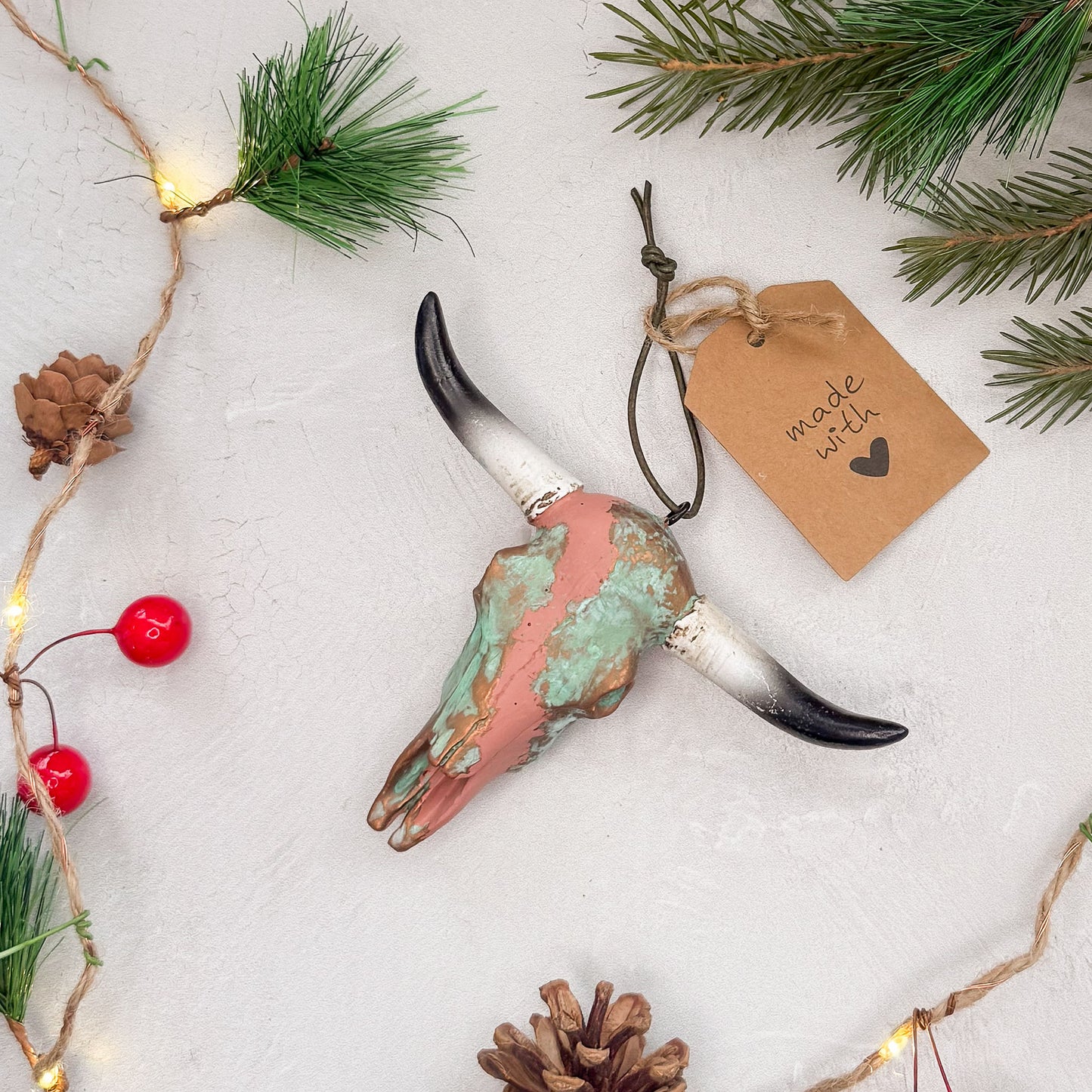 Longhorn Skull Ornament - Rose with Copper Green Patina