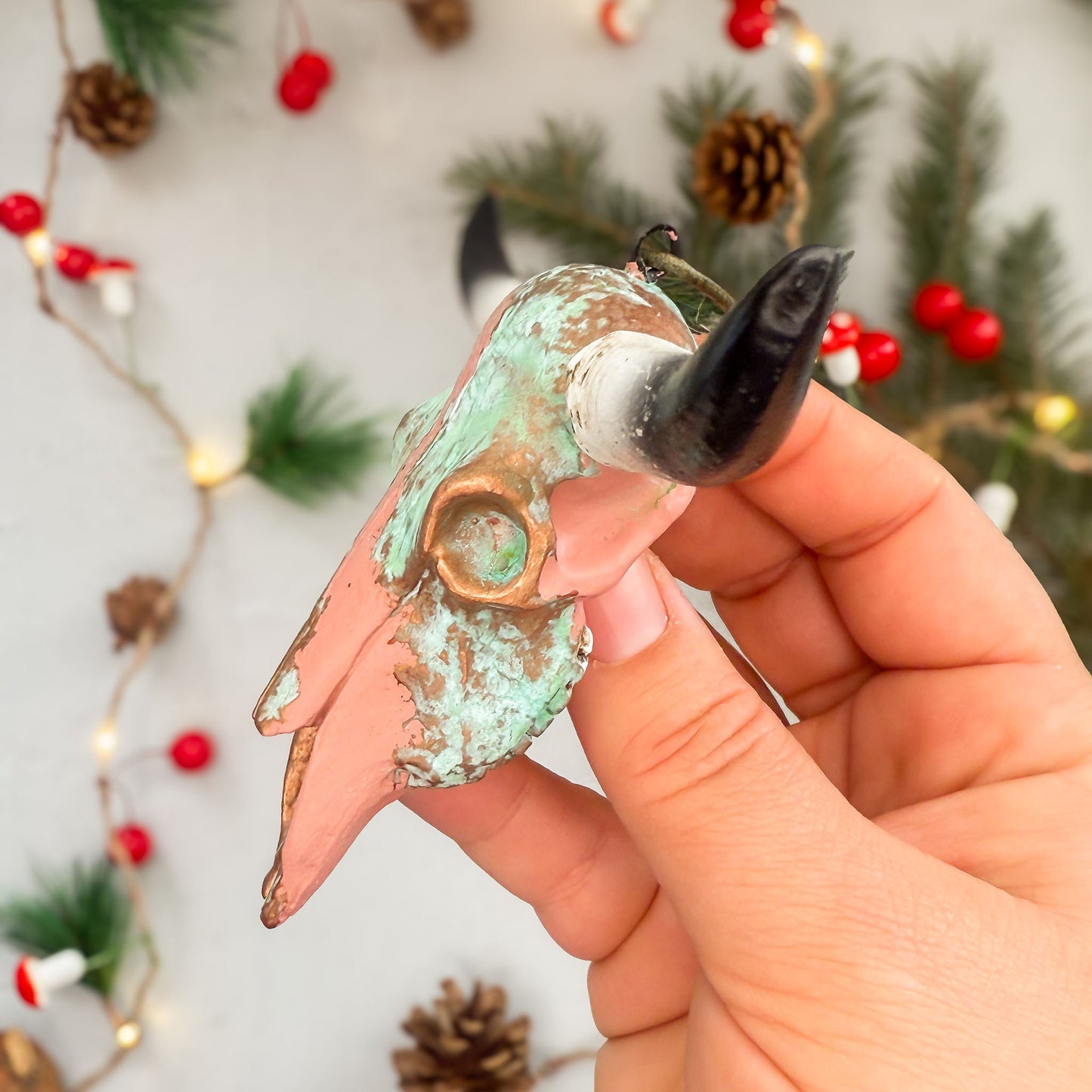 Longhorn Skull Ornament - Rose with Copper Green Patina