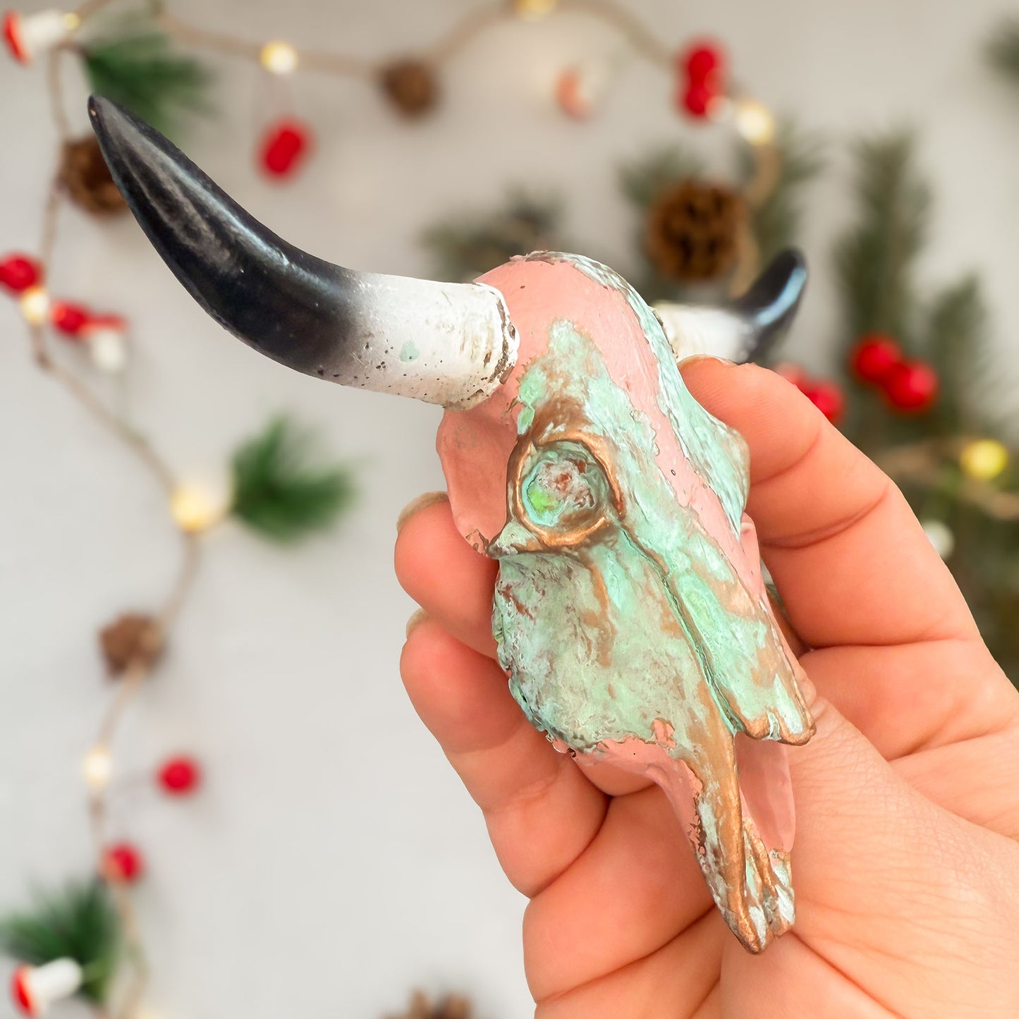 Longhorn Skull Ornament - Rose with Copper Green Patina