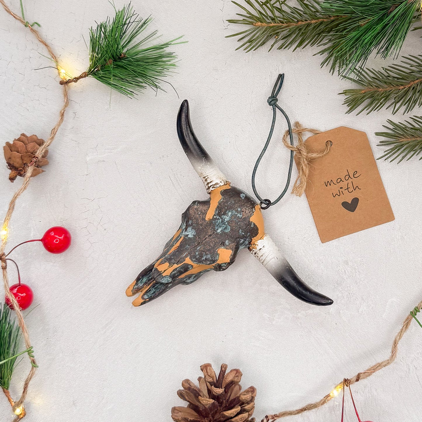 Longhorn Skull Ornament - Burnt Orange with Bronze Blue Patina