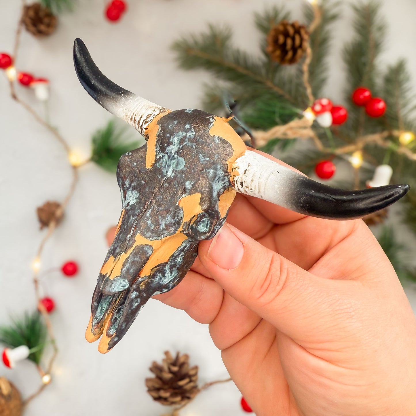 Longhorn Skull Ornament - Burnt Orange with Bronze Blue Patina