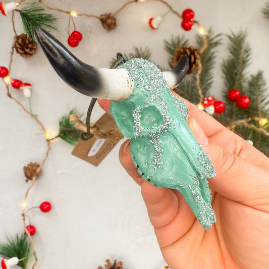 Longhorn Skull Ornament - Turquoise Mica Glitter