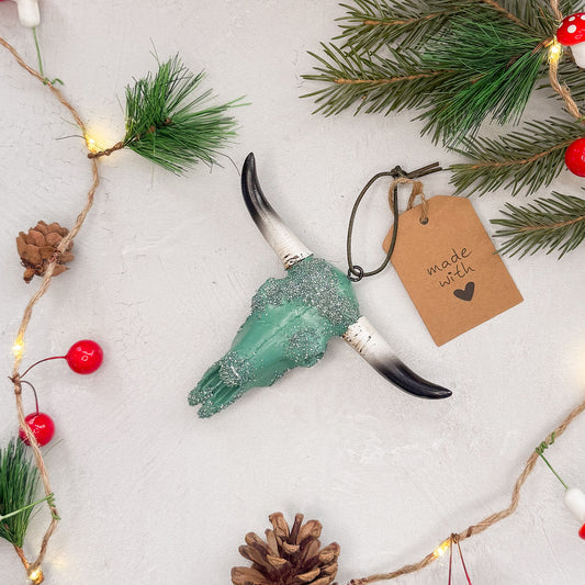 Longhorn Skull Ornament - Turquoise Mica Glitter