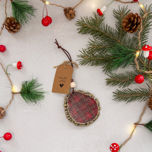 Red Plaid Elk Antler Burr Ornament