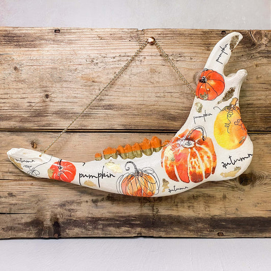 Orange Scripty Autumn Pumpkin Cow Jaw Wall Hanger