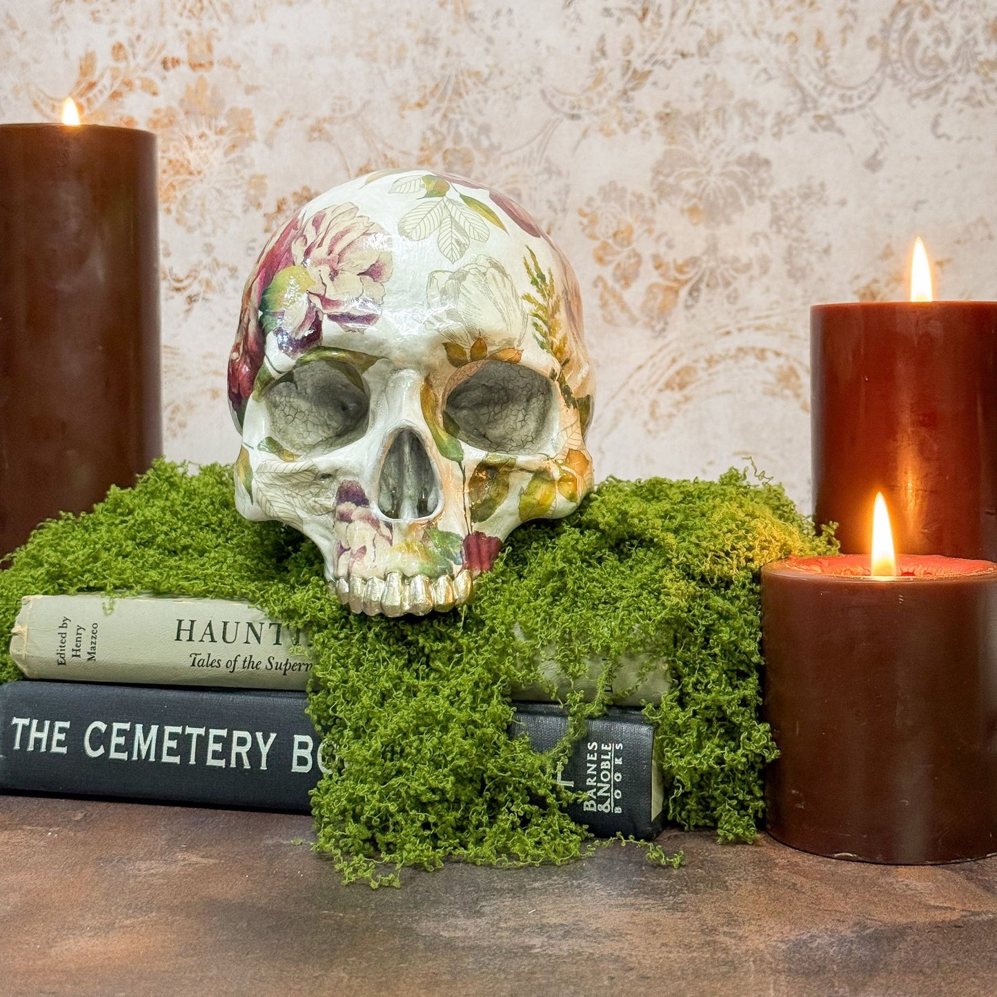 Aged Pearl Floral Resin Skull - Gather Your Bones