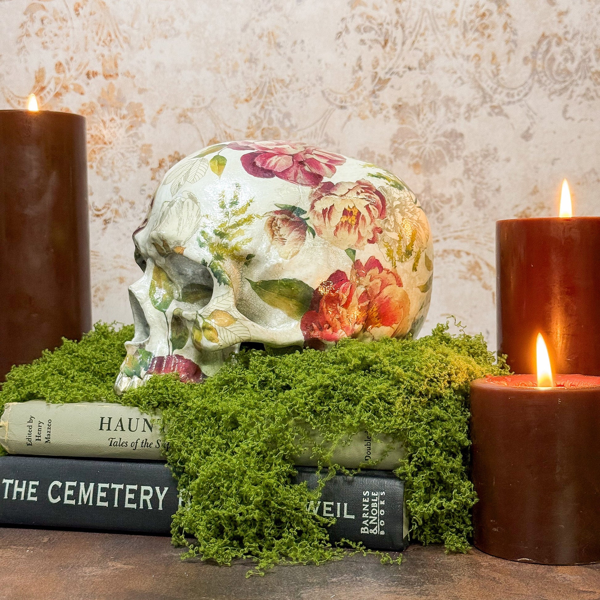 Aged Pearl Floral Resin Skull - Gather Your Bones