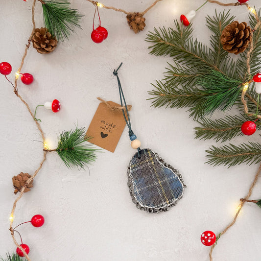 Blue Plaid Elk Antler Burr Ornament - Gather Your Bones