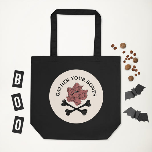 Black Tote bag with "Gather Your Bones" peony and crossbones logo