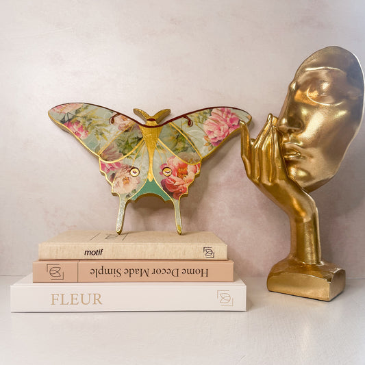 Teal Vintage Floral Wooden Luna Moth