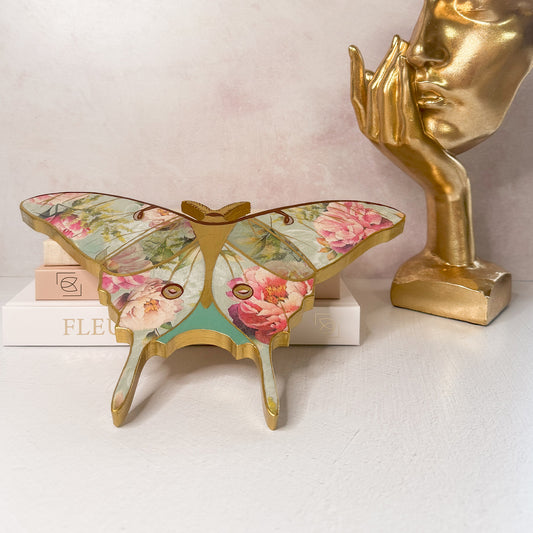 Teal Vintage Floral Wooden Luna Moth