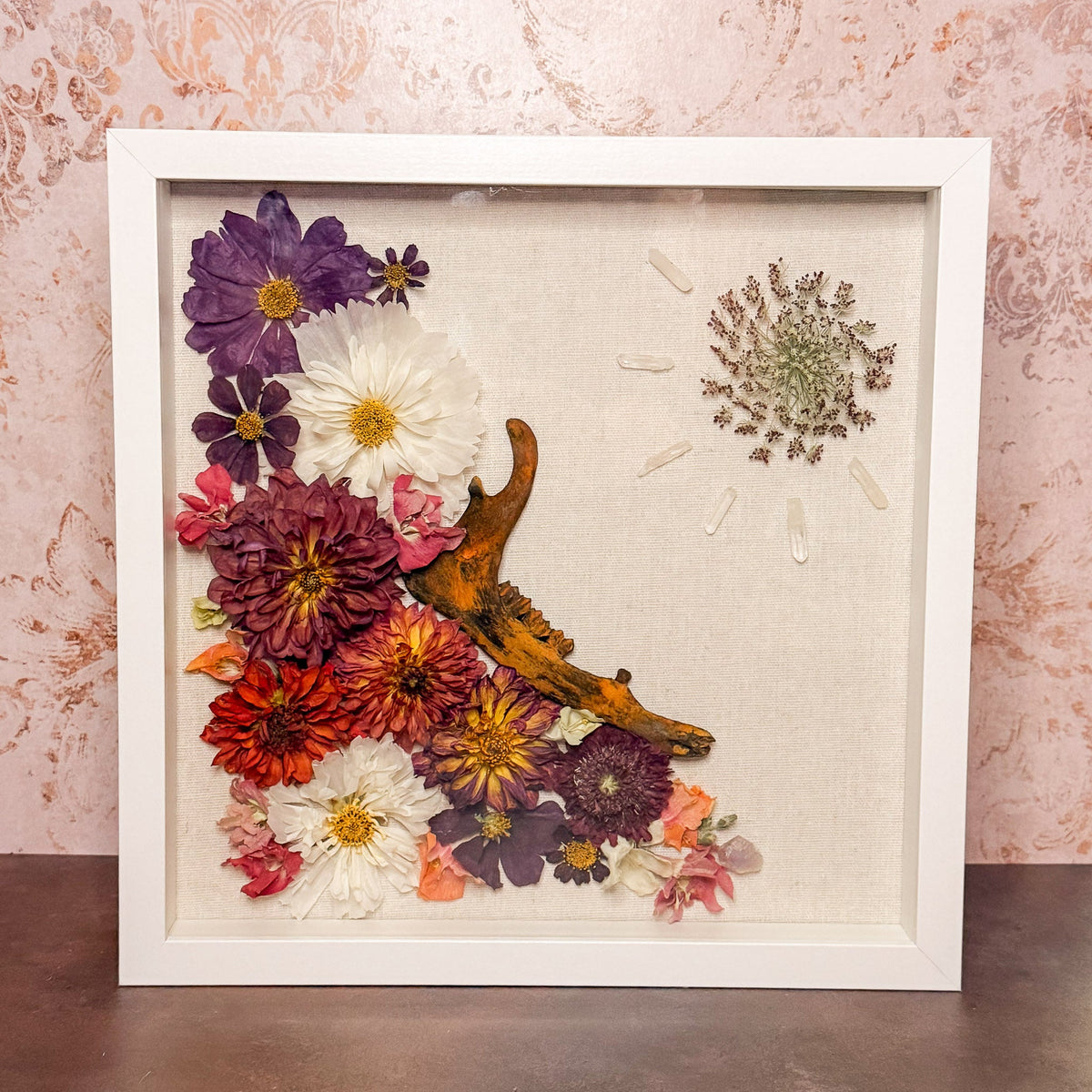 Framed Dried Florals + Rusted Bone + Crystals - Gather Your Bones