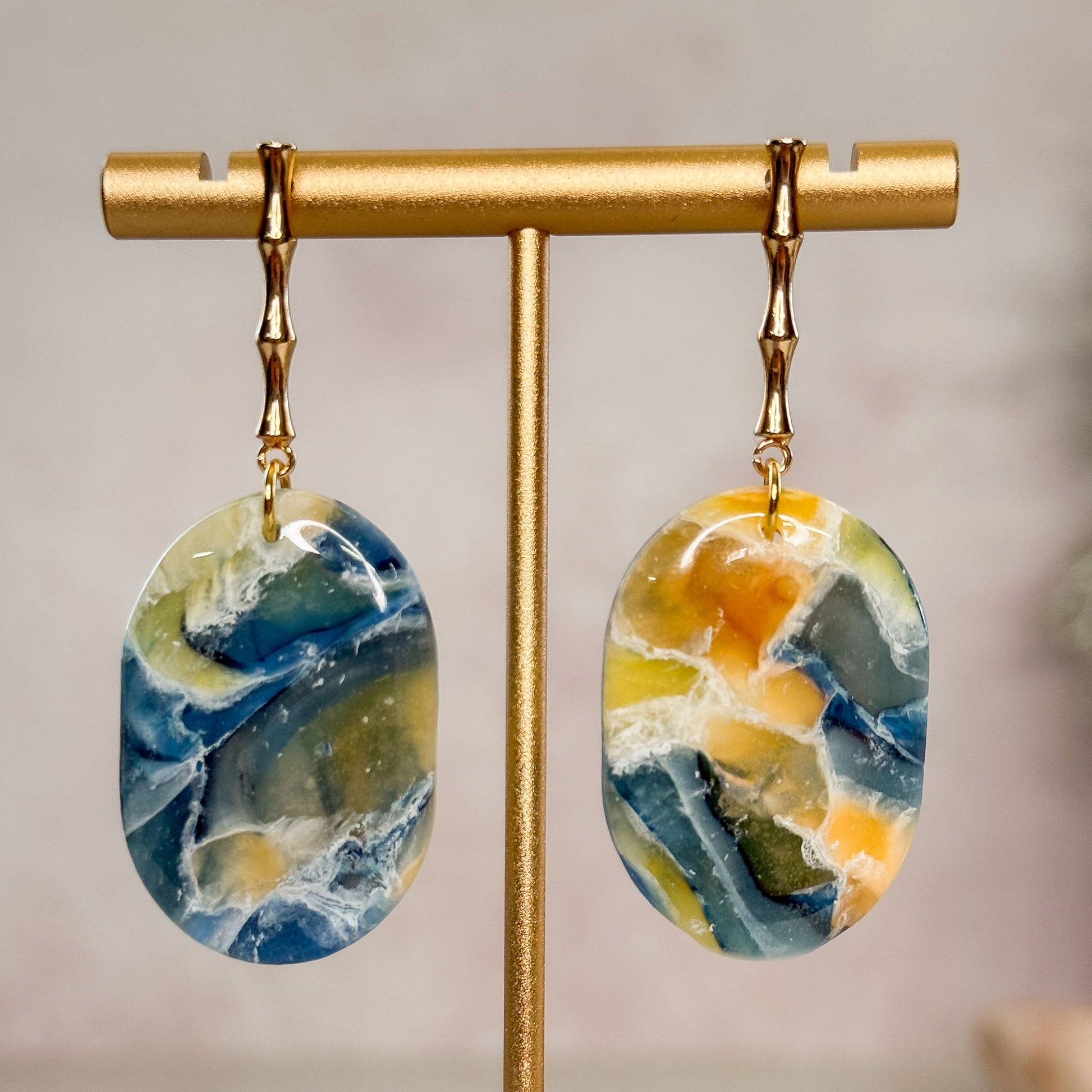 Handmade Faux Multi - Color Oval Dangle Polymer Clay Earrings - Gather Your Bones