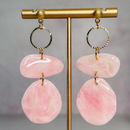 Handmade Faux Rose Quartz Stone Dangle Polymer Clay Earrings - Gather Your Bones