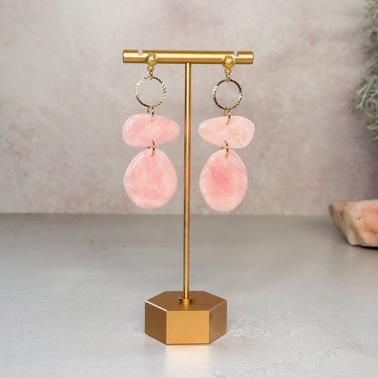 Handmade Faux Rose Quartz Stone Dangle Polymer Clay Earrings - Gather Your Bones
