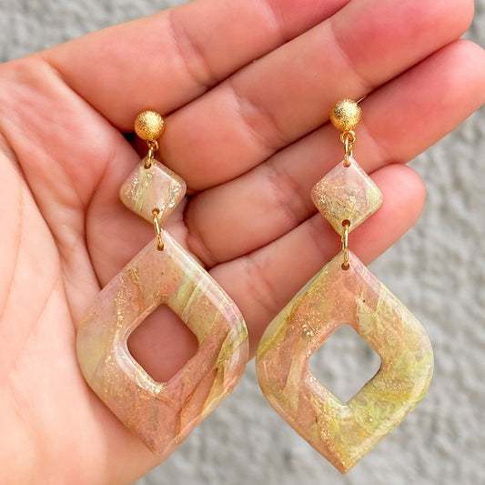 Handmade Peach, Gold and Green Diamond Stud Polymer Clay Earrings - Gather Your Bones