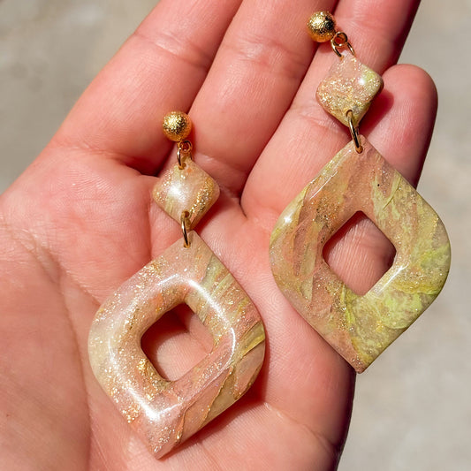 Handmade Peach, Gold and Green Diamond Stud Polymer Clay Earrings - Gather Your Bones
