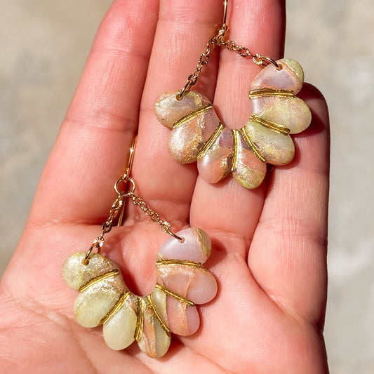 Handmade Peach, Gold and Green Floral Polymer Clay Earrings - Gather Your Bones