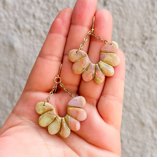 Handmade Peach, Gold and Green Floral Polymer Clay Earrings - Gather Your Bones