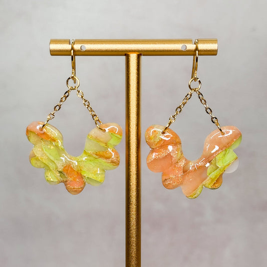 Handmade Peach, Gold and Green Flower Dangle Clay Earrings - Gather Your Bones