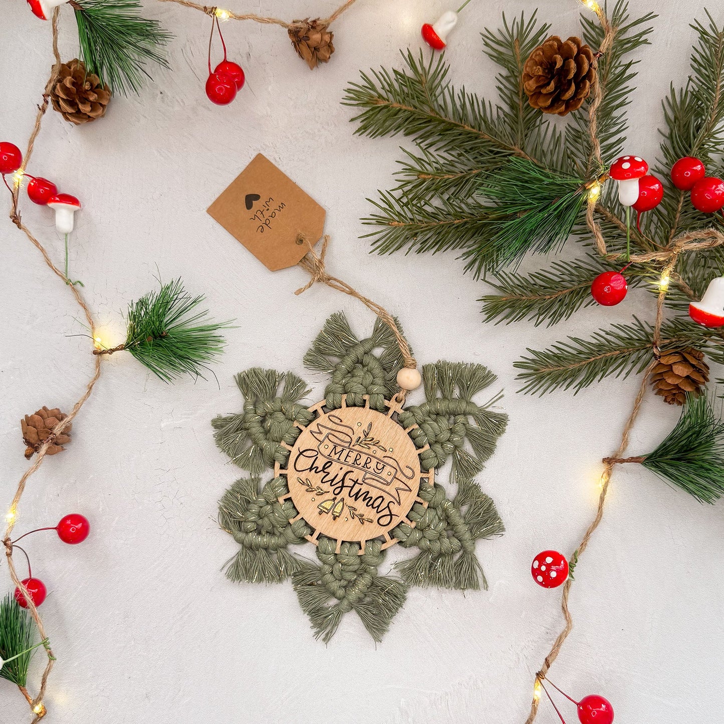 "Merry Christmas" Macrame Ornament - Green & Gold - Gather Your Bones