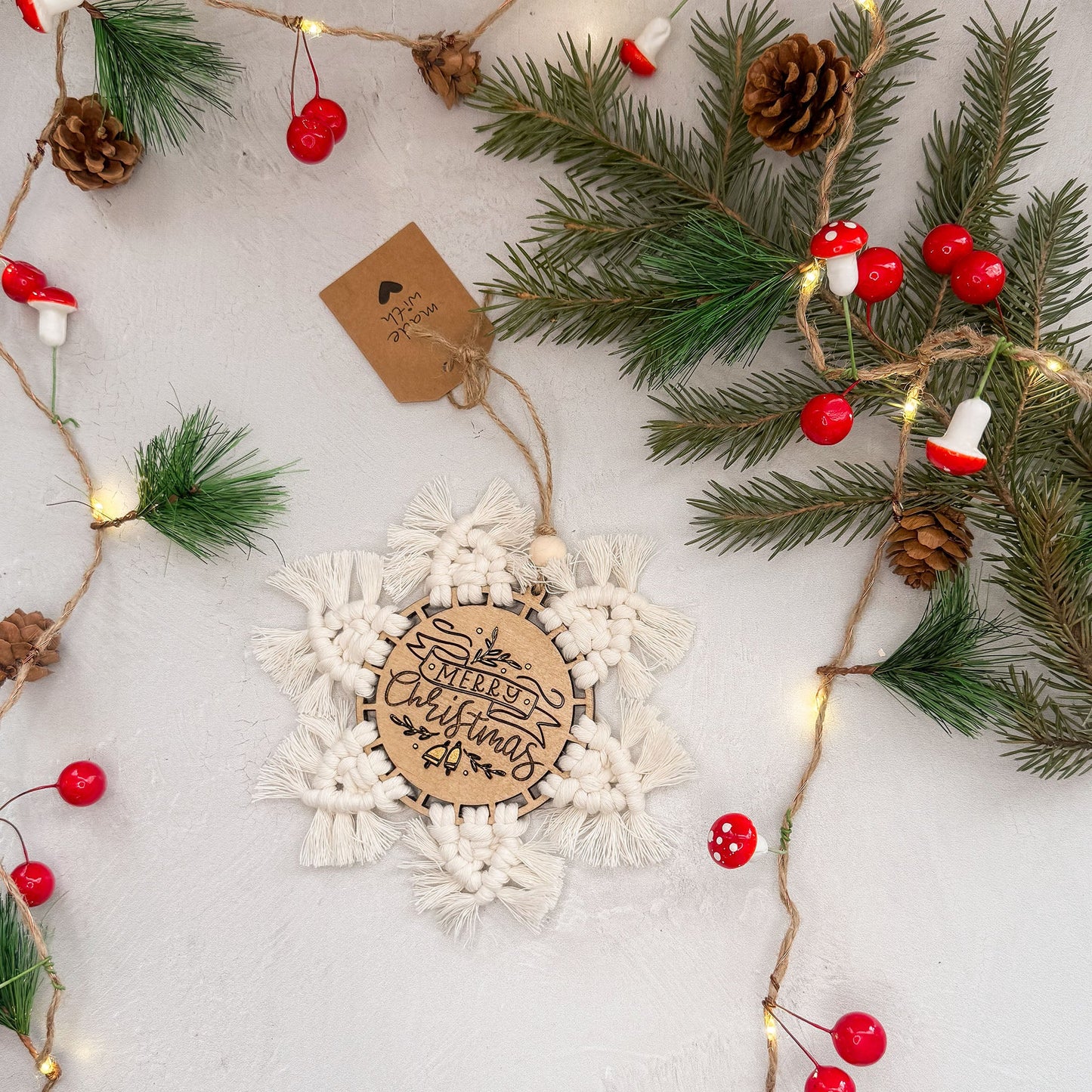 "Merry Christmas" Macrame Ornament - Natural White - Gather Your Bones