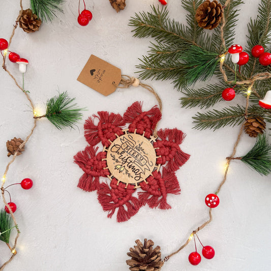 "Merry Christmas" Macrame Ornament - Wine Red - Gather Your Bones