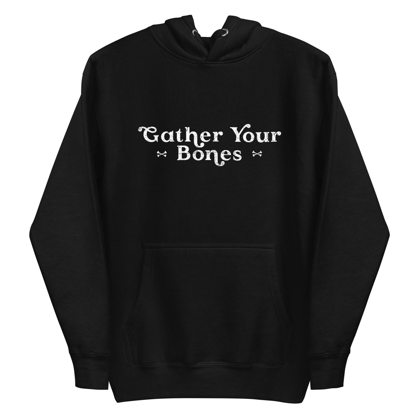 Black Hooded Sweatshirt with "Gather Your Bones" text logo