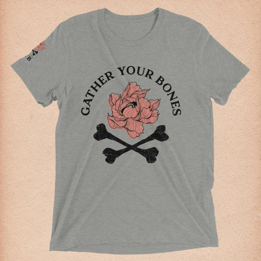 Light Grey Short-Sleeved T-Shirt with "Gather Your Bones" peony and crossbones logo