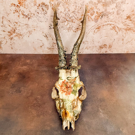 Vintage Floral & Birds Porcelain Style Roe Deer Skull- Wall Hanger Included - Gather Your Bones